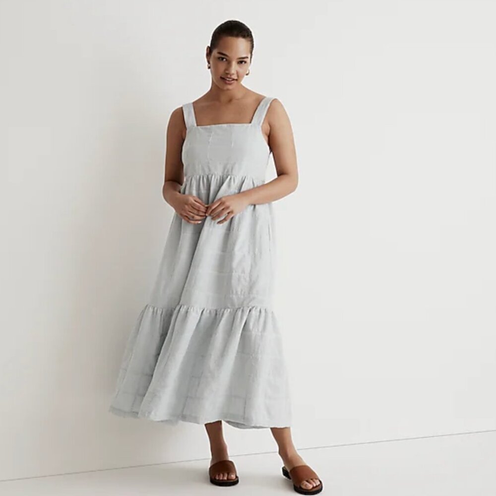 Madewell Cicely Tiered Midi Dress - Blue and White Patchwork